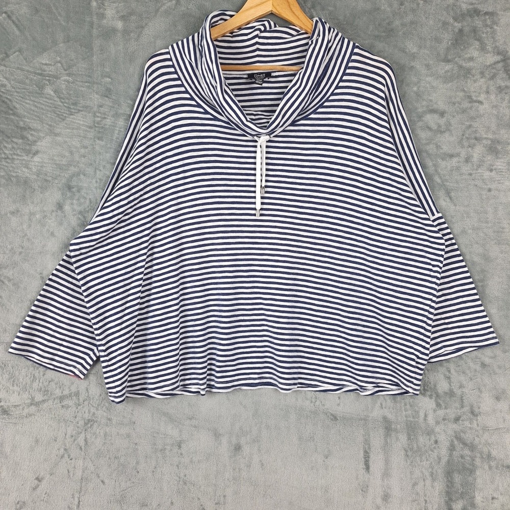 Womens Top 3X Fisherman Navy Blue Striped Cowl Neck Nautical Coastal Preppy Crop